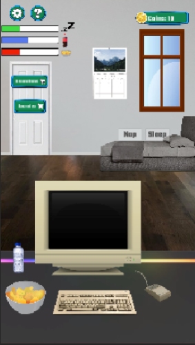 Game screen showing computer at desk in a bedroom