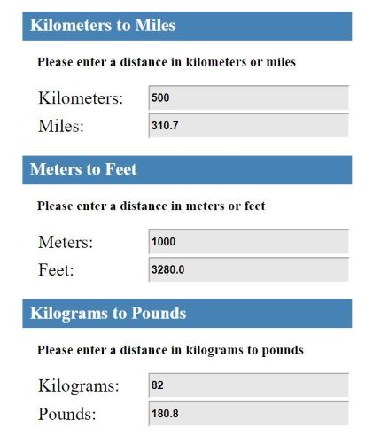 Kilometers to miles, meters to feet and kilograms to pounds